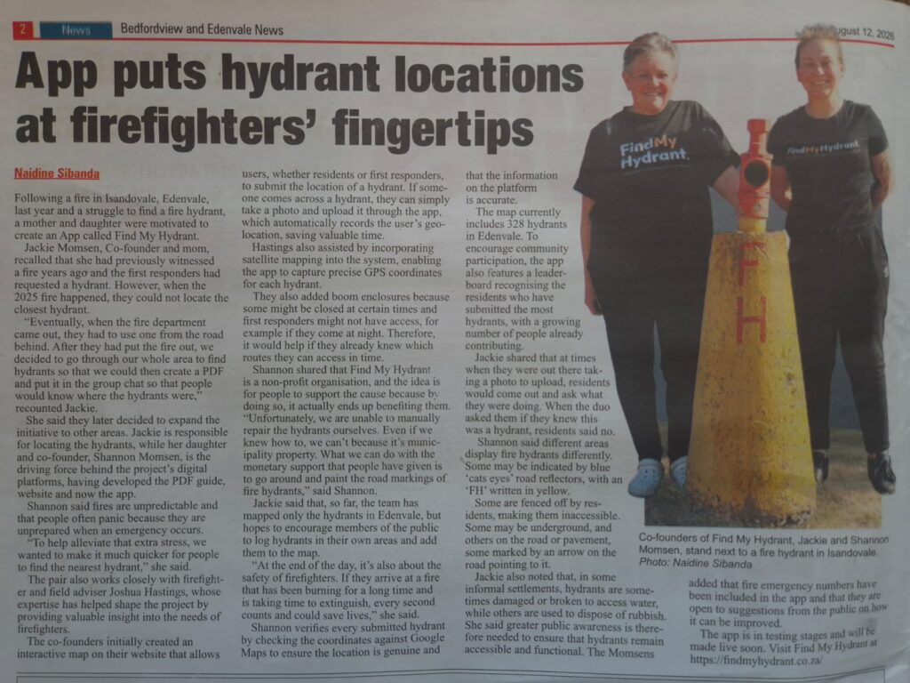 Newspaper clipping from Bedfordview and Edenvale News, 12 August 2026, featuring FindMyHydrant, by Naidine Sibanda
